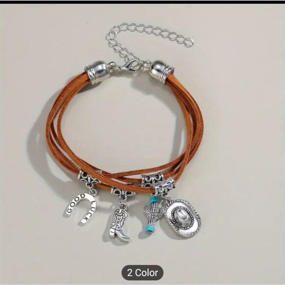 Western Bracelet Leather Women's Cowboy Boots Hat Charm New F2 - Picture 2 of 3